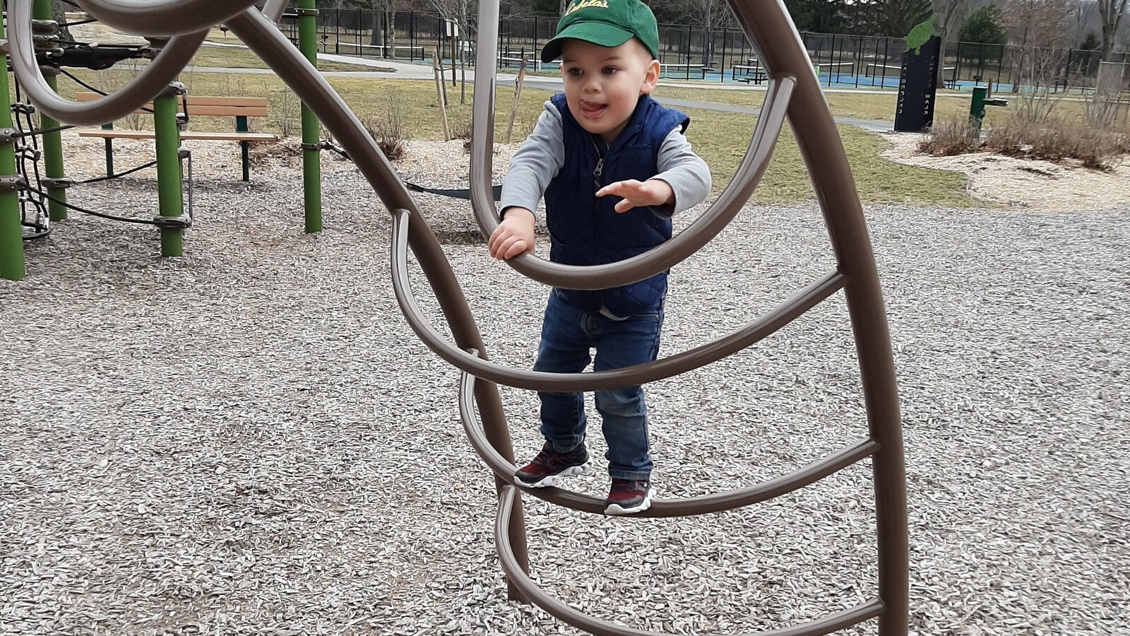 Sam climbing playground equipment at a park.