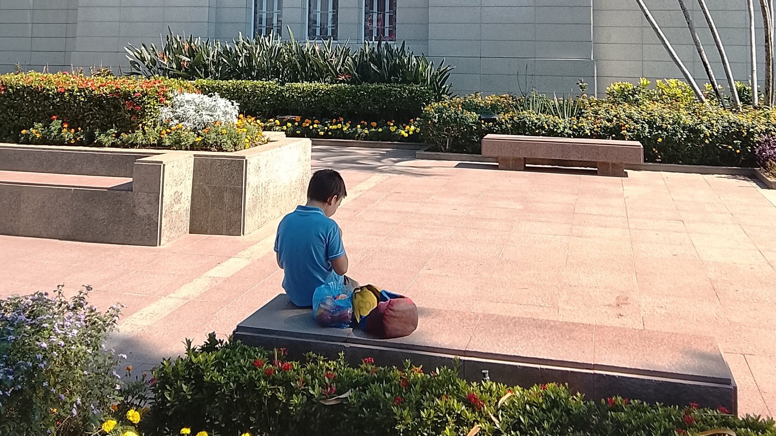 Sam sitting beside bags on a low wall among flowers on temple grounds.
