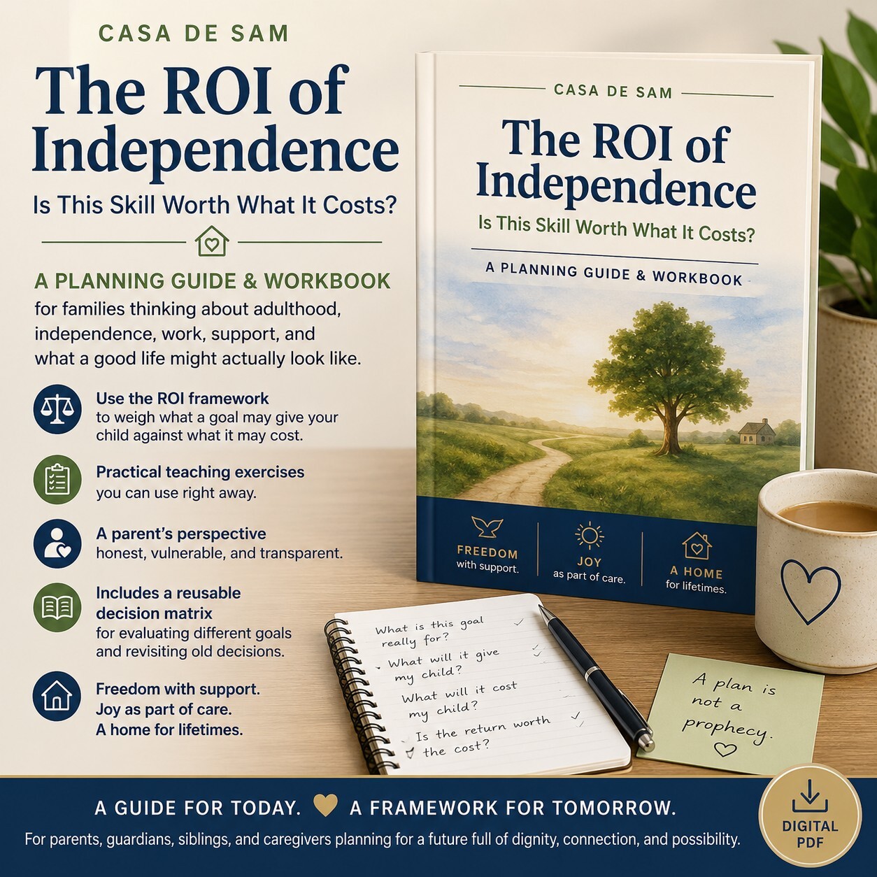The ROI of Independence workbook product image, with a book mockup and planning activities.