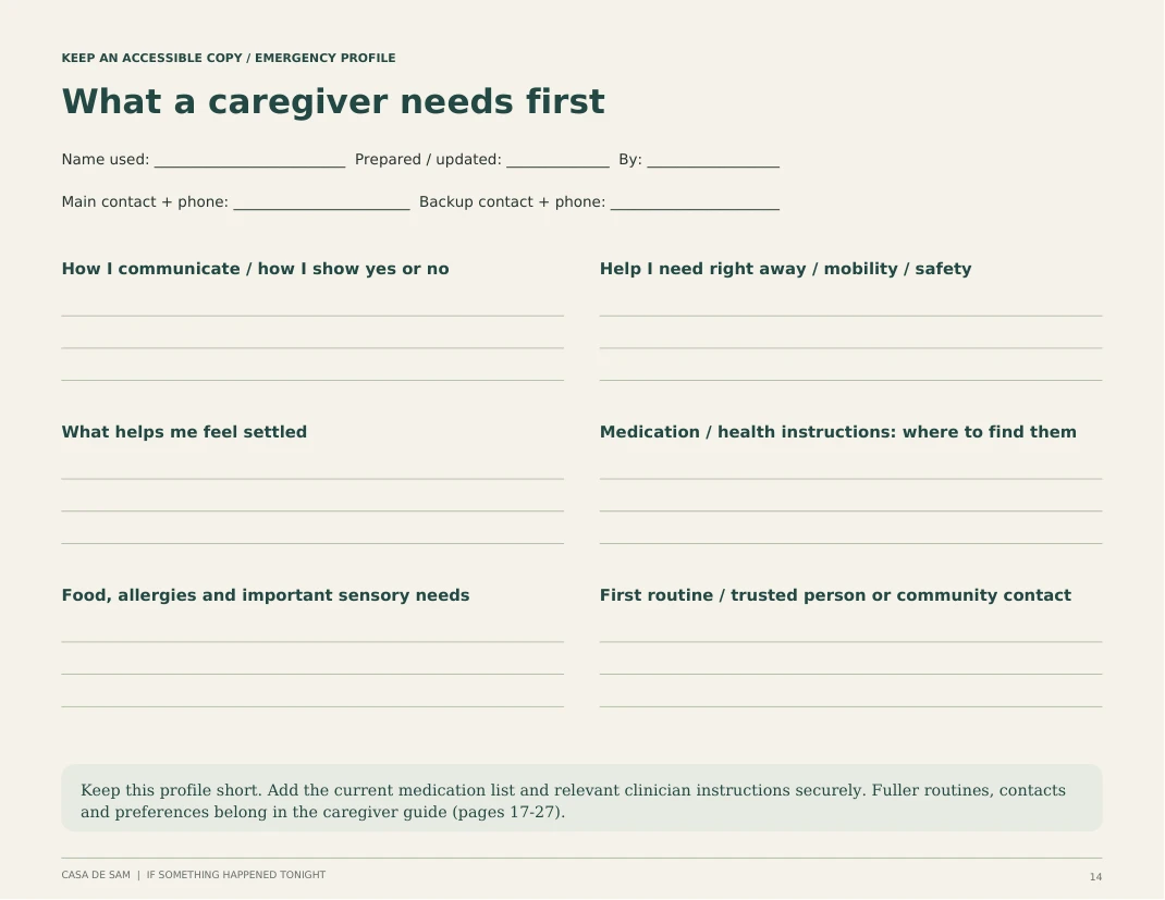Sample emergency profile worksheet, page 14, with blank spaces for immediate care information.