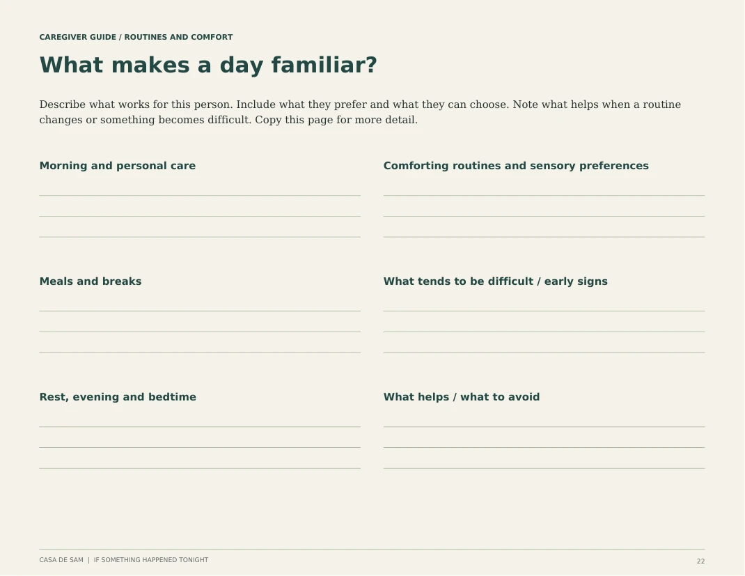 Sample routines and comfort worksheet, page 22, with space to describe familiar routines and what helps.